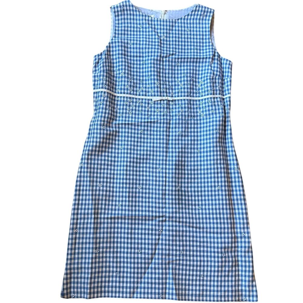 Talbots Linen Blue White Gingham Sheath Dress Size 8P Preppy Cottage Floral